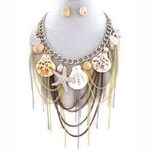 Chunky Tritone Chains Snail Sea Shell Charms Layered Strands Bib Necklace Set